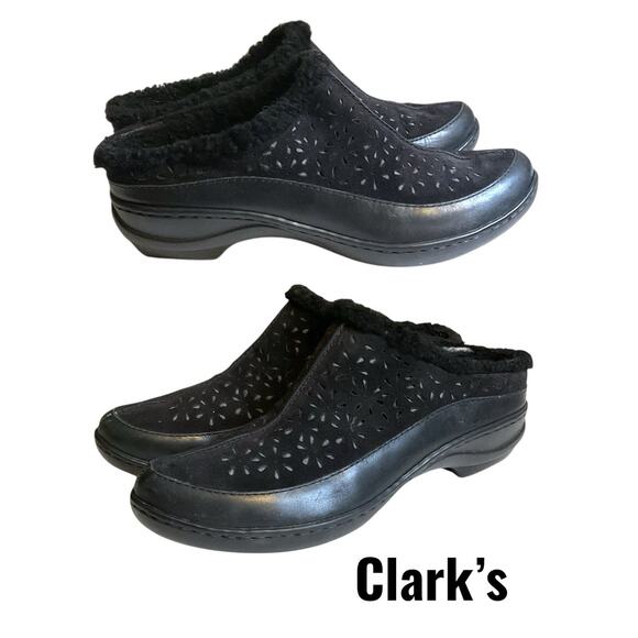 Clarks Mule Shoes Womens Black Perforated Suede Leather Sherpa Lined Size 7.5 M - Picture 1 of 12